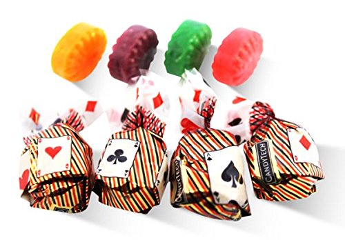 Hard candy wrapped in bags with playing card sticker, design, motif