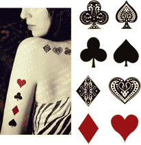 Temporary Tattoos for card players with club diamond heart space motif pips