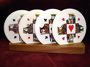 Set of 4 coasters with caddy King and Queen of Hearts Clubs Spades Diamonds card suit motif