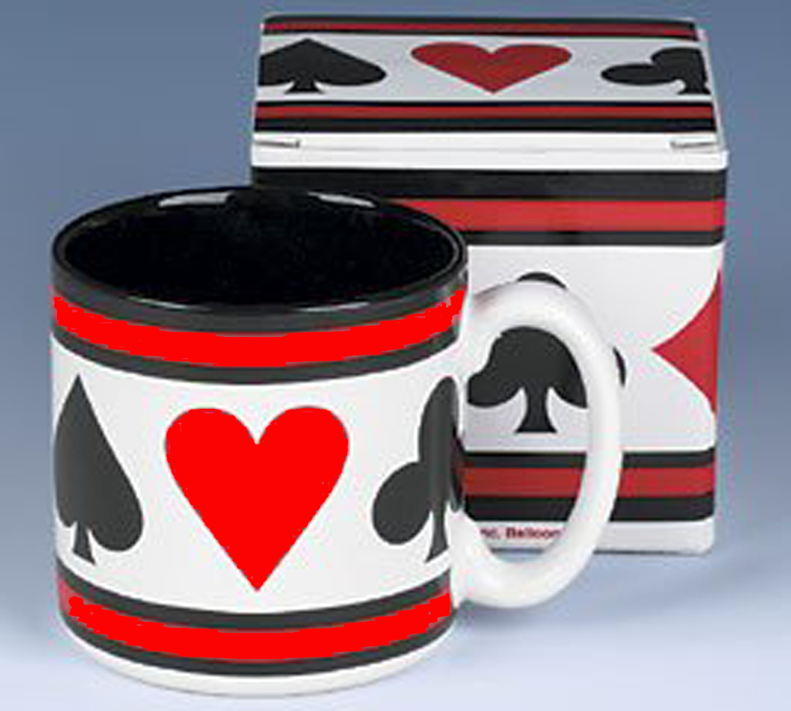 Boxed coffee mug with playing card suit motif