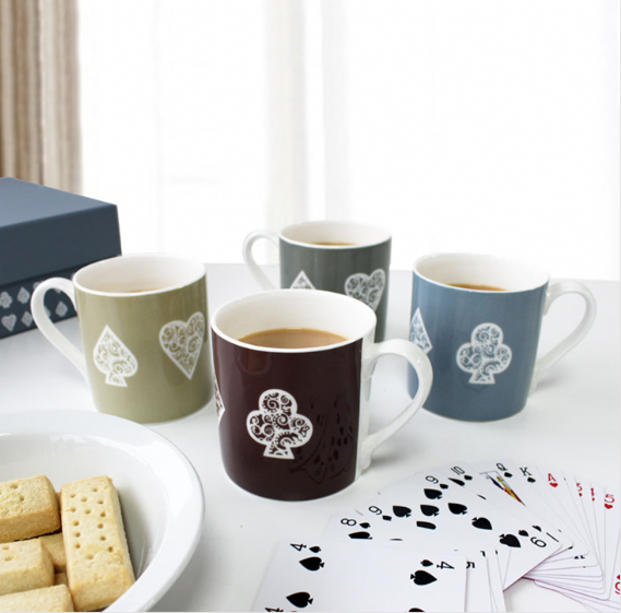 Bone china mugs with card motif club heart diamond spade
