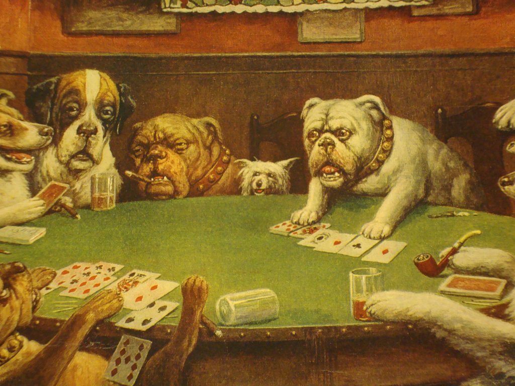 Dogs playing bridge