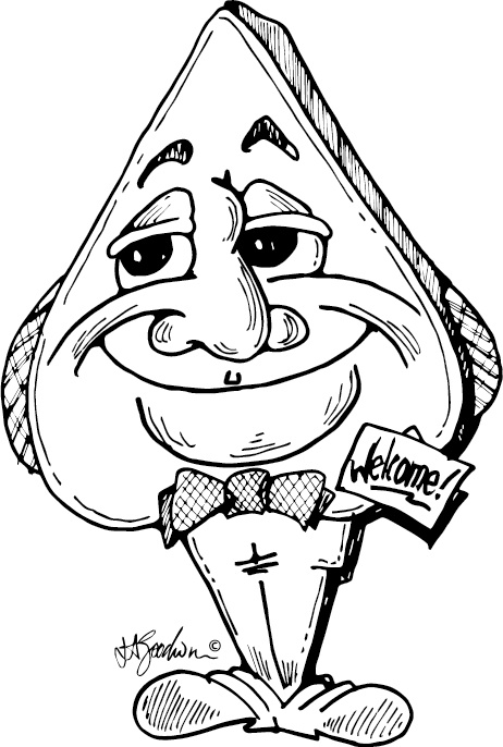 Spade guy with Welcome badge