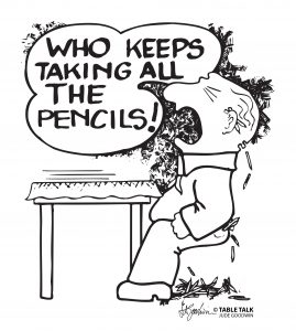 Man sitting north, can't find pencils