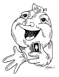 peach theme, female character holding cards