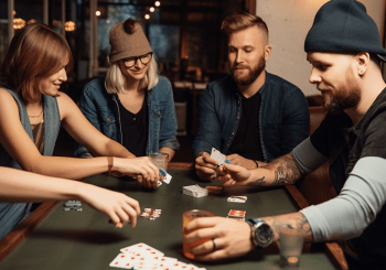 Four people at a table playing cards