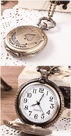 Bronze pocket watch with playing card motif on back for bridge players poker players