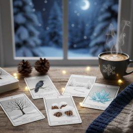 WIntry Tarot Cards spread on a table in front of a window with a snowy back yard and half moon.