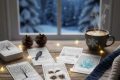 WIntry Tarot Cards spread on a table in front of a window with a snowy back yard and half moon.